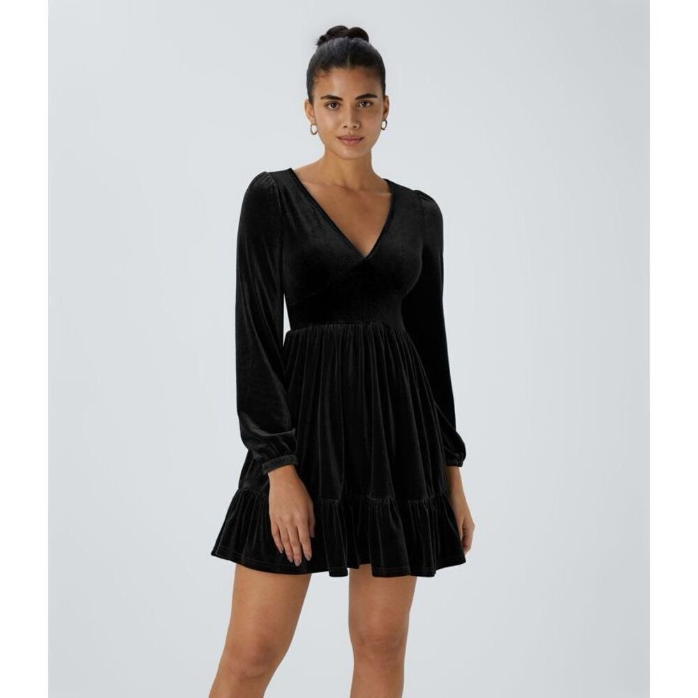 Halara Everyday Deep V Neck Long Sleeve Ruffled Hem Velvet Mini Chill Dress S